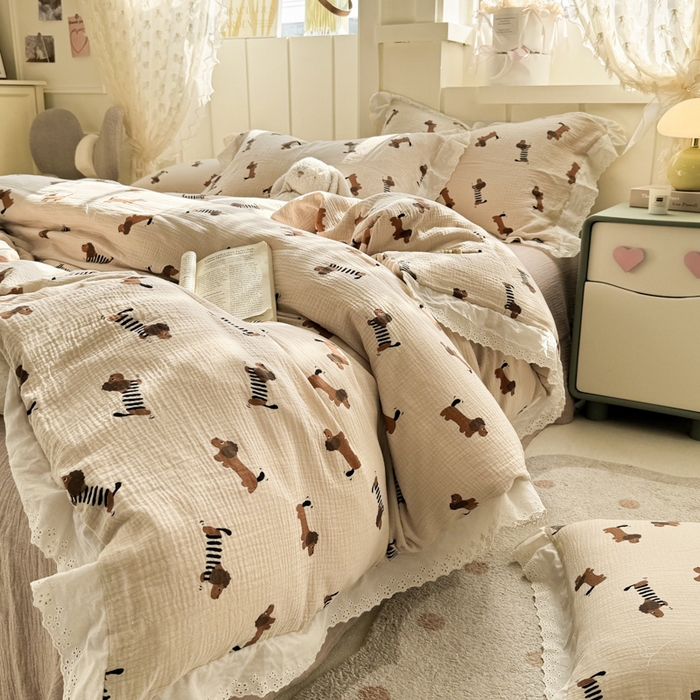 91家纺网 家纺一手货源 找家纺 （总）咏绒家纺工厂店 2025新款全棉双层皱皱沙印花花边款四件套