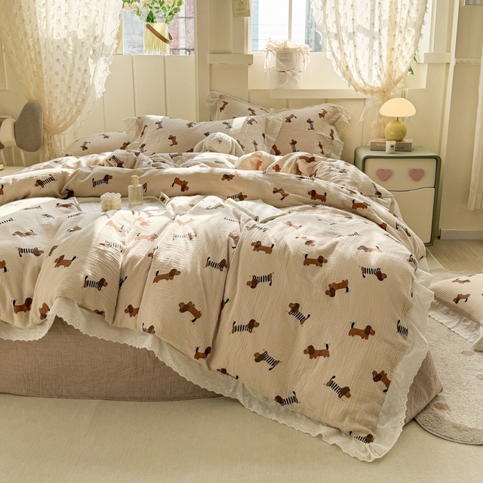 91家纺网 家纺一手货源 找家纺 （总）咏绒家纺工厂店 2025新款全棉双层皱皱沙印花花边款四件套