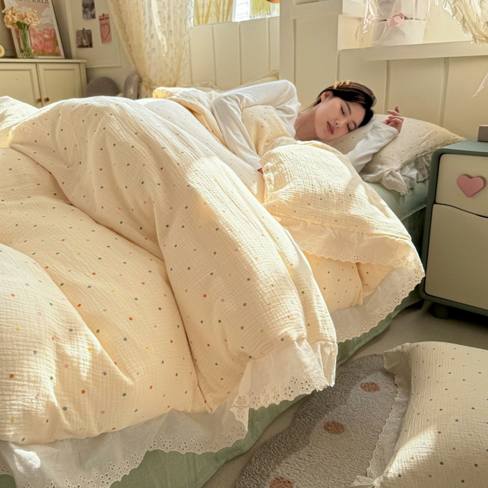 咏绒家纺工厂店 2025新款全棉双层皱皱沙印花花边款四件套 墨颜