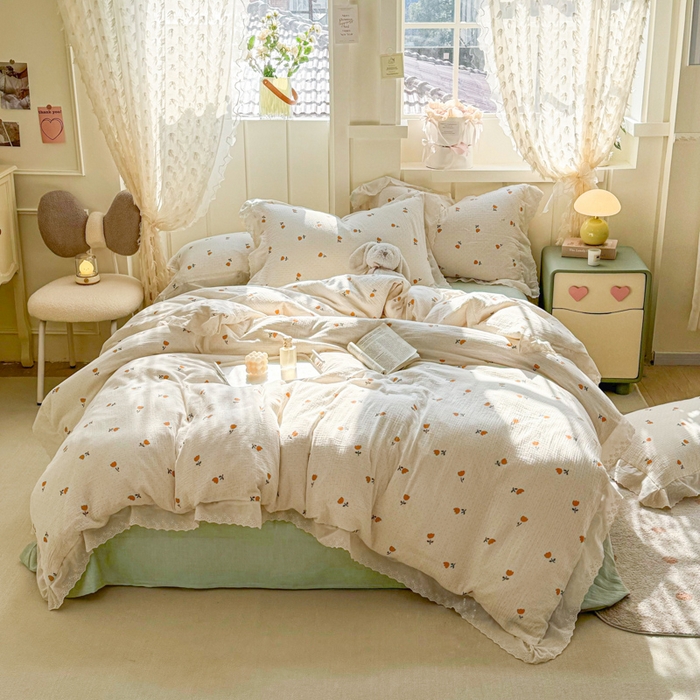 91家纺网 家纺一手货源 找家纺 咏绒家纺工厂店 2025新款全棉双层皱皱沙印花花边款四件套 花期