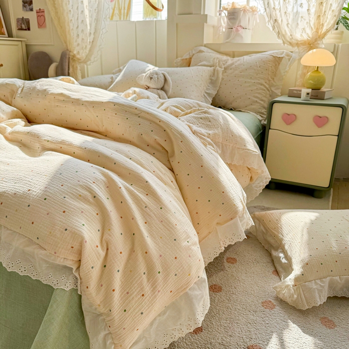 91家纺网 家纺一手货源 找家纺 咏绒家纺工厂店 2025新款全棉双层皱皱沙印花花边款四件套 墨颜