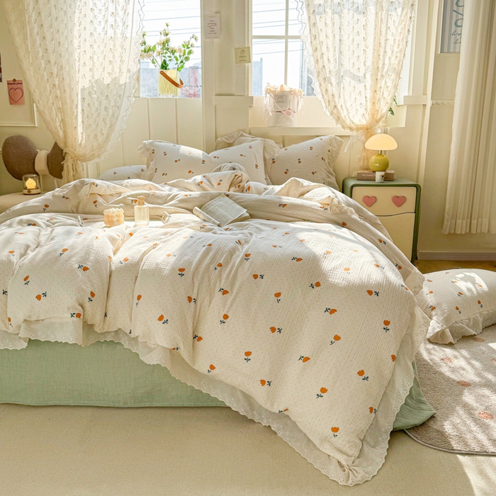 91家纺网 家纺一手货源 找家纺 咏绒家纺工厂店 2025新款全棉双层皱皱沙印花花边款四件套 花期