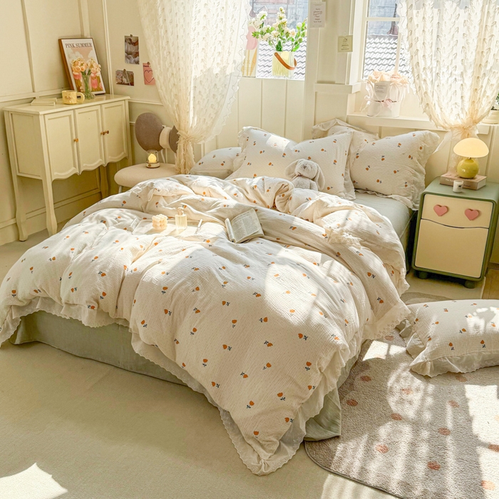 91家纺网 家纺一手货源 找家纺 咏绒家纺工厂店 2025新款全棉双层皱皱沙印花花边款四件套 花期