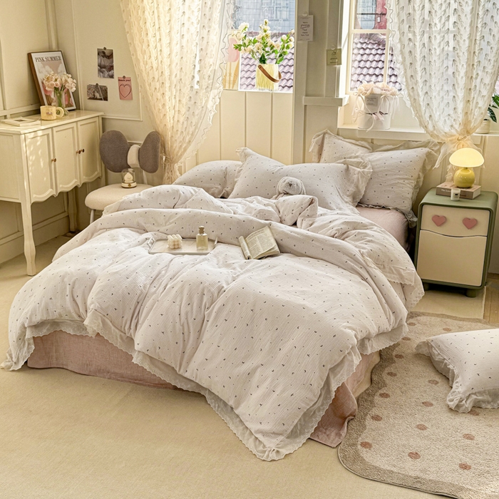 91家纺网 家纺一手货源 找家纺 咏绒家纺工厂店 2025新款全棉双层皱皱沙印花花边款四件套 星月