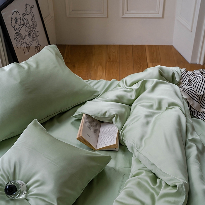 91家纺网 家纺一手货源 找家纺 浩情国际婚庆供货中心 2026新款60支奥地利兰精天丝纯色双拼系列四件套 嫩芽绿