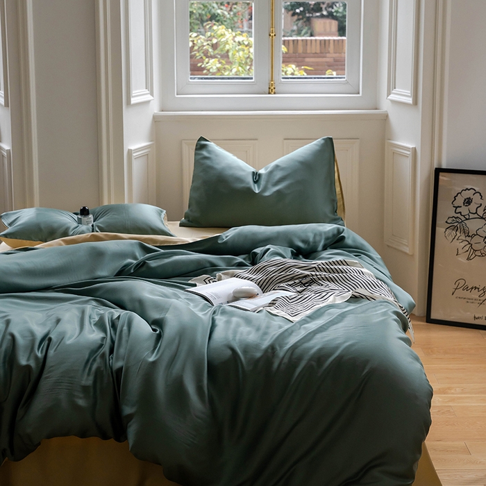 91家纺网 家纺一手货源 找家纺 浩情国际婚庆供货中心 2026新款60支奥地利兰精天丝纯色双拼系列四件套 天青色-香槟金