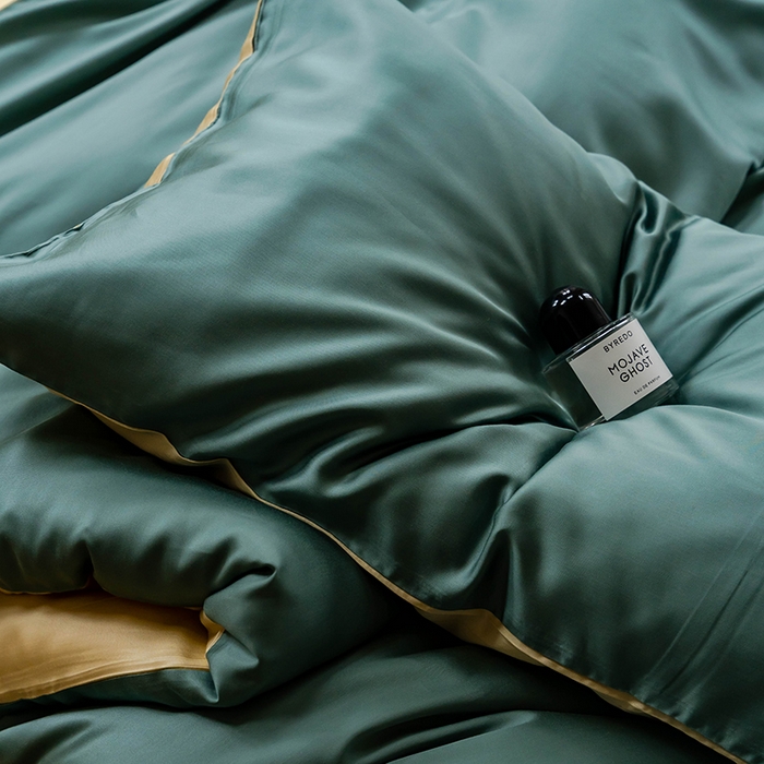 91家纺网 家纺一手货源 找家纺 浩情国际婚庆供货中心 2026新款60支奥地利兰精天丝纯色双拼系列四件套 天青色-香槟金