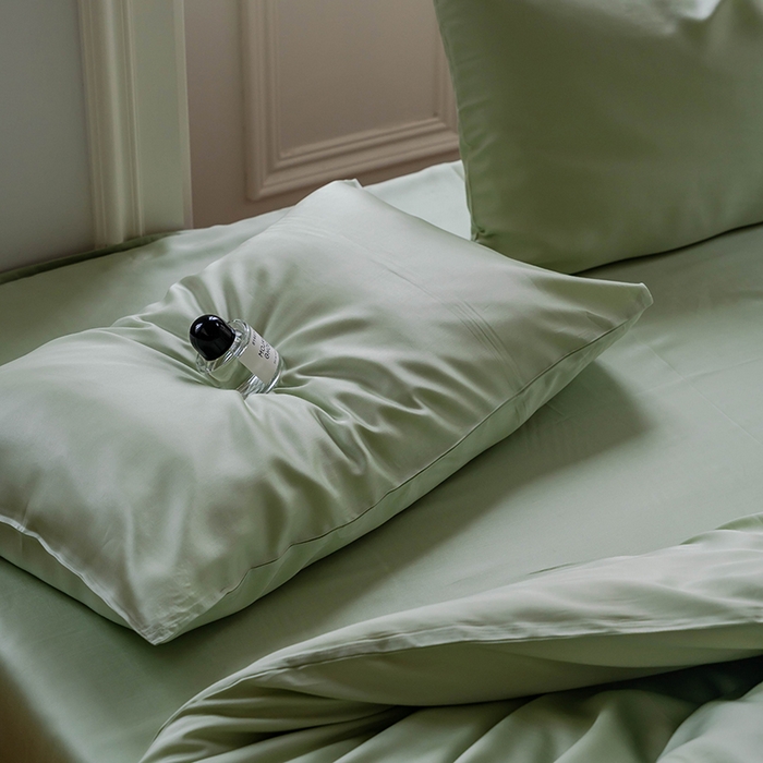 91家纺网 家纺一手货源 找家纺 浩情国际婚庆供货中心 2026新款60支奥地利兰精天丝纯色双拼系列四件套 嫩芽绿