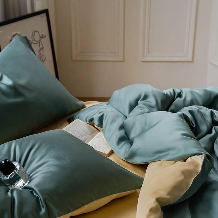 91家纺网 家纺一手货源 找家纺 浩情国际婚庆供货中心 2026新款60支奥地利兰精天丝纯色双拼系列四件套 天青色-香槟金