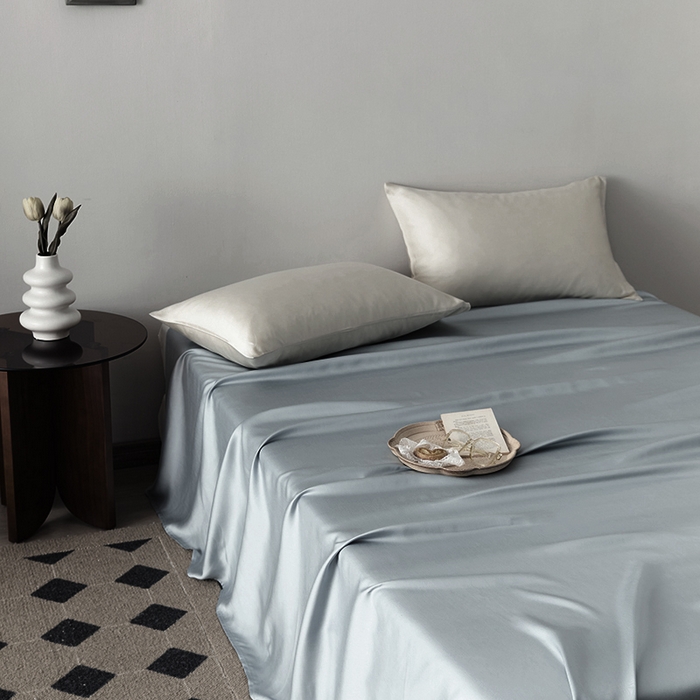 91家纺网 家纺一手货源 找家纺 浩情国际婚庆供货中心 2026新款60支奥地利兰精天丝纯色双拼系列四件套 灰蓝色-冰川灰