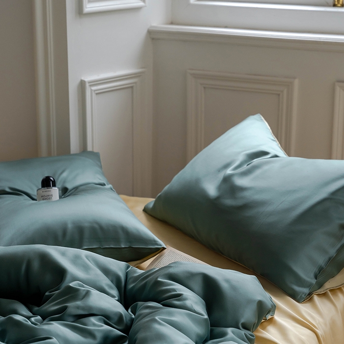 91家纺网 家纺一手货源 找家纺 浩情国际婚庆供货中心 2026新款60支奥地利兰精天丝纯色双拼系列四件套 天青色-香槟金