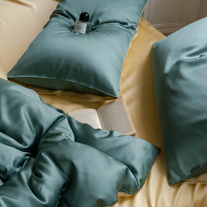 91家纺网 家纺一手货源 找家纺 浩情国际婚庆供货中心 2026新款60支奥地利兰精天丝纯色双拼系列四件套 天青色-香槟金