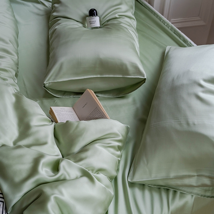 91家纺网 家纺一手货源 找家纺 浩情国际婚庆供货中心 2026新款60支奥地利兰精天丝纯色双拼系列四件套 嫩芽绿