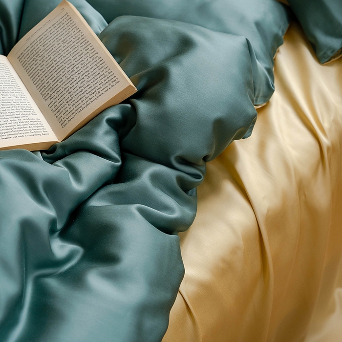 91家纺网 家纺一手货源 找家纺 浩情国际婚庆供货中心 2026新款60支奥地利兰精天丝纯色双拼系列四件套 天青色-香槟金