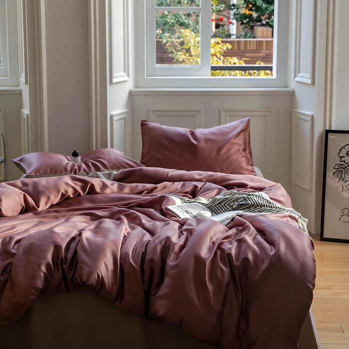 91家纺网 家纺一手货源 找家纺 浩情国际婚庆供货中心 2026新款60支奥地利兰精天丝纯色双拼系列四件套 野樱莓-芋泥灰