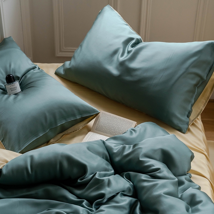 91家纺网 家纺一手货源 找家纺 浩情国际婚庆供货中心 2026新款60支奥地利兰精天丝纯色双拼系列四件套 天青色-香槟金