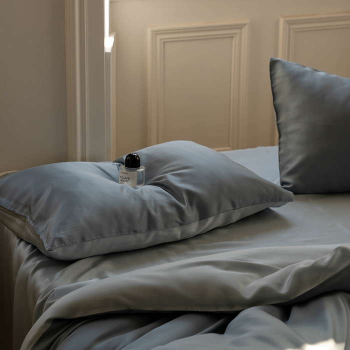 91家纺网 家纺一手货源 找家纺 浩情国际婚庆供货中心 2026新款60支奥地利兰精天丝纯色双拼系列四件套 灰蓝色-冰川灰