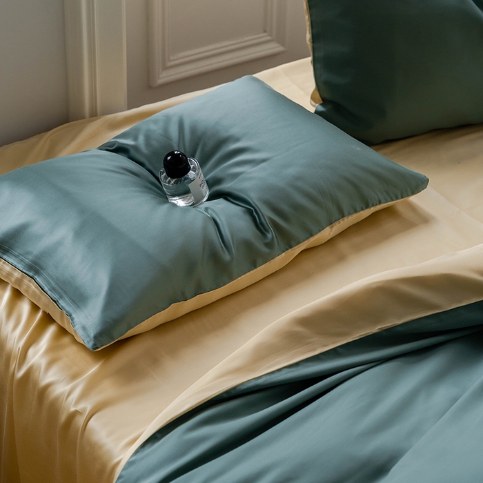 91家纺网 家纺一手货源 找家纺 浩情国际婚庆供货中心 2026新款60支奥地利兰精天丝纯色双拼系列四件套 天青色-香槟金