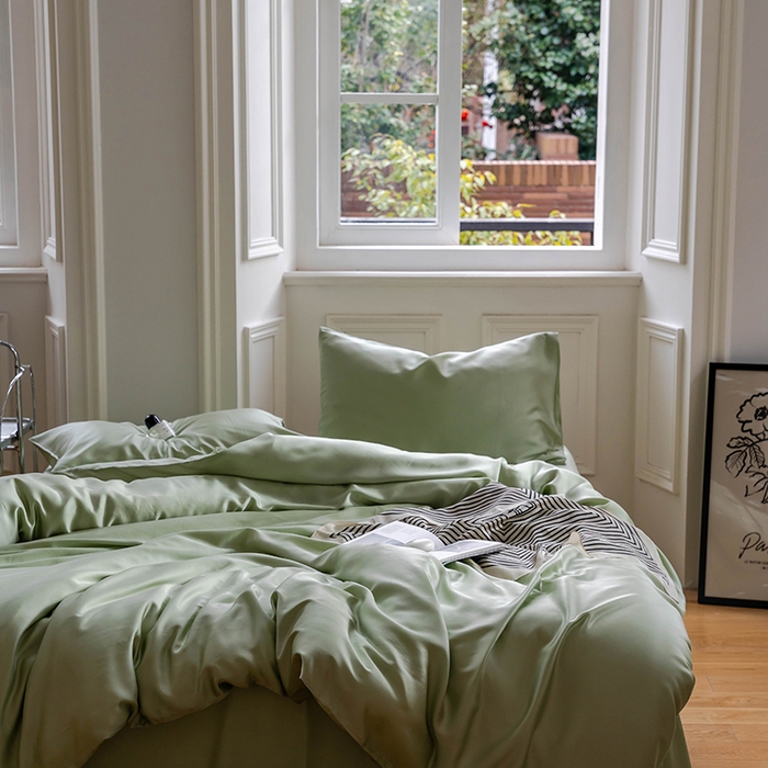 91家纺网 家纺一手货源 找家纺 浩情国际婚庆供货中心 2026新款60支奥地利兰精天丝纯色双拼系列四件套 嫩芽绿