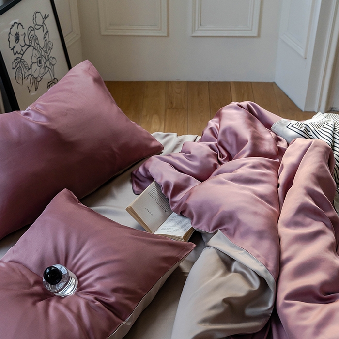 91家纺网 家纺一手货源 找家纺 浩情国际婚庆供货中心 2026新款60支奥地利兰精天丝纯色双拼系列四件套 野樱莓-芋泥灰