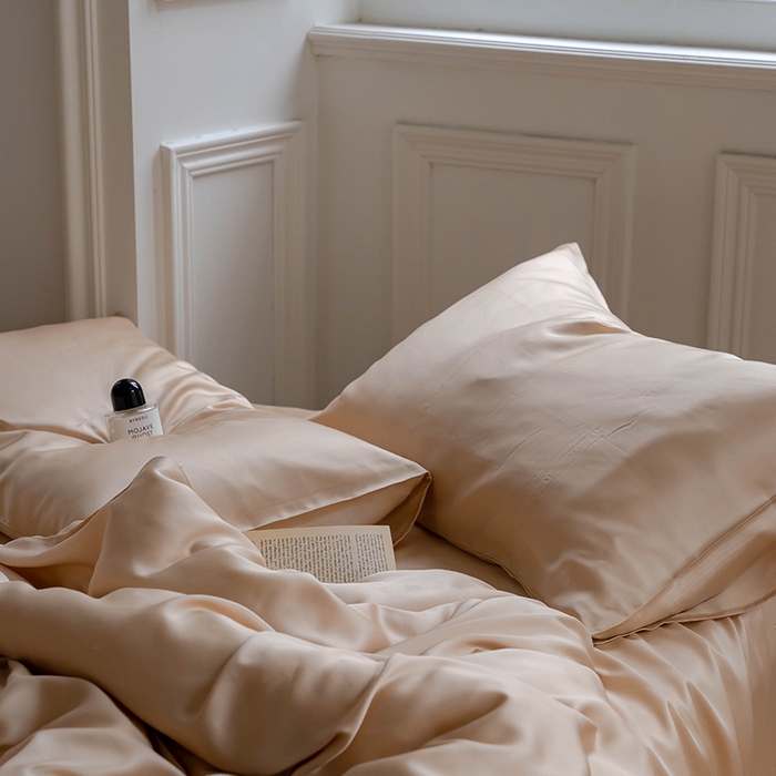 91家纺网 家纺一手货源 找家纺 浩情国际婚庆供货中心 2026新款60支奥地利兰精天丝纯色双拼系列四件套 沙茶色