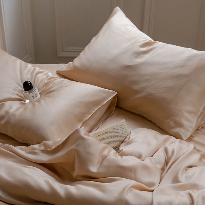 91家纺网 家纺一手货源 找家纺 浩情国际婚庆供货中心 2026新款60支奥地利兰精天丝纯色双拼系列四件套 沙茶色