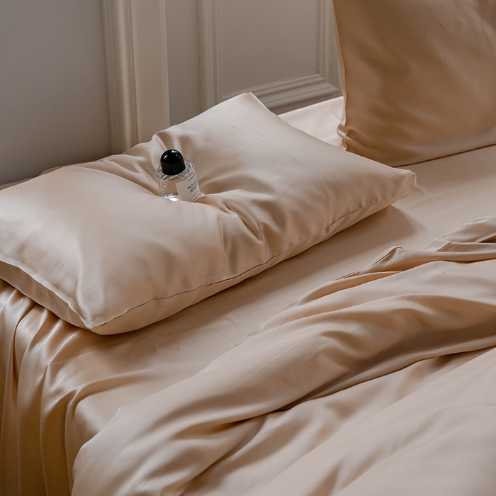 91家纺网 家纺一手货源 找家纺 浩情国际婚庆供货中心 2026新款60支奥地利兰精天丝纯色双拼系列四件套 沙茶色