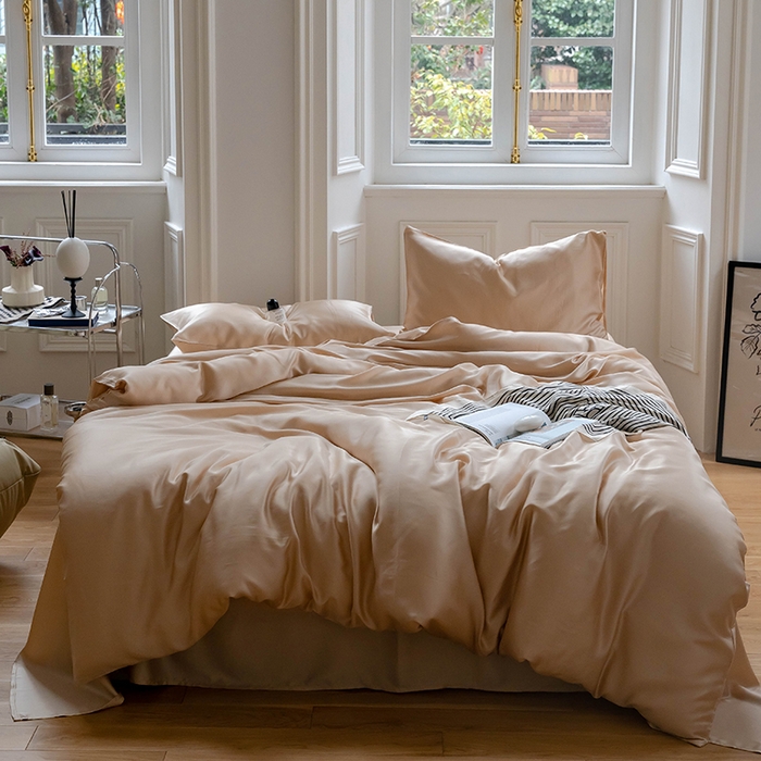 91家纺网 家纺一手货源 找家纺 浩情国际婚庆供货中心 2026新款60支奥地利兰精天丝纯色双拼系列四件套 沙茶色