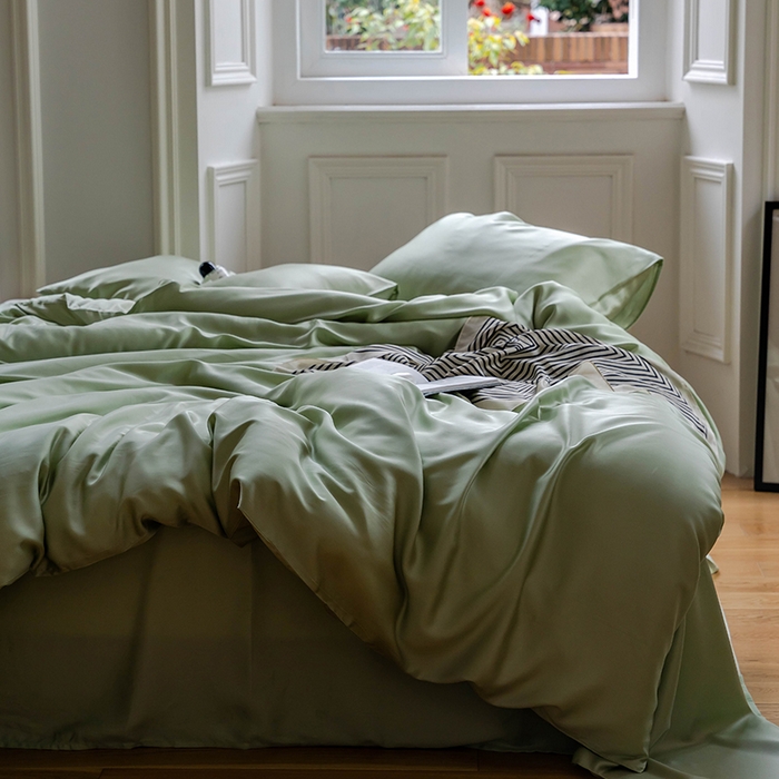 91家纺网 家纺一手货源 找家纺 浩情国际婚庆供货中心 2026新款60支奥地利兰精天丝纯色双拼系列四件套 嫩芽绿