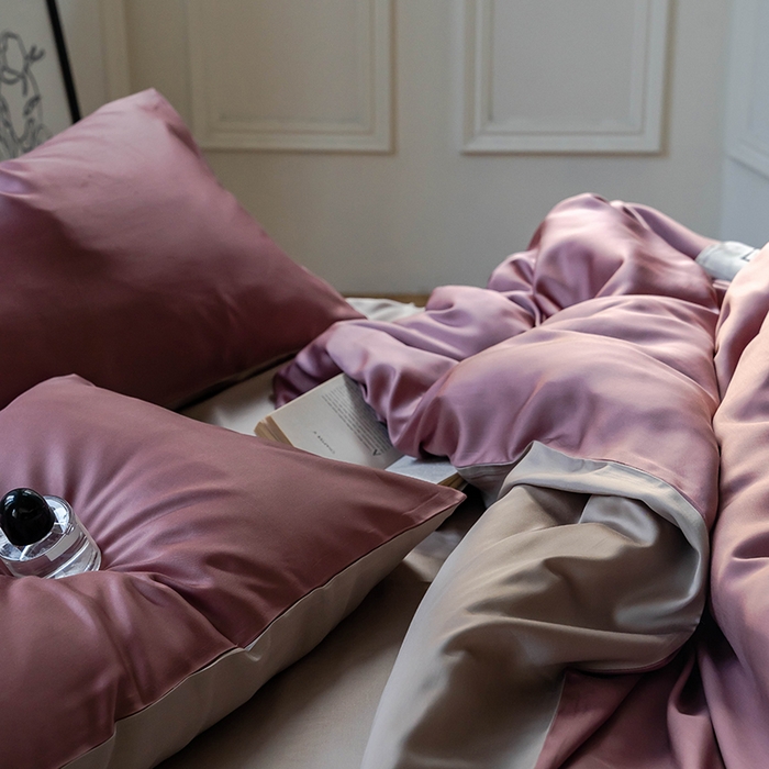 91家纺网 家纺一手货源 找家纺 浩情国际婚庆供货中心 2026新款60支奥地利兰精天丝纯色双拼系列四件套 野樱莓-芋泥灰