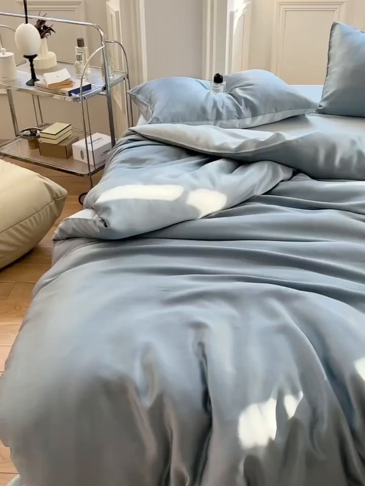 91家纺网 家纺一手货源 找家纺 浩情国际婚庆供货中心 2026新款60支奥地利兰精天丝纯色双拼系列四件套 灰蓝色-冰川灰