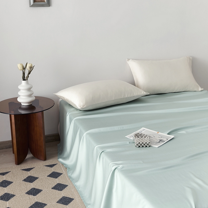 91家纺网 家纺一手货源 找家纺 浩情国际婚庆供货中心 2026新款60支奥地利兰精天丝纯色双拼系列四件套 天空蓝-浅艾绿