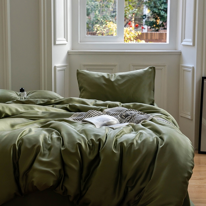 91家纺网 家纺一手货源 找家纺 浩情国际婚庆供货中心 2026新款60支奥地利兰精天丝纯色双拼系列四件套 欧芹绿