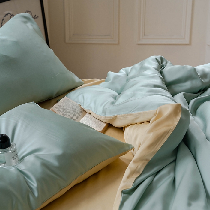 91家纺网 家纺一手货源 找家纺 浩情国际婚庆供货中心 2026新款60支奥地利兰精天丝纯色双拼系列四件套 浅艾绿-香槟金