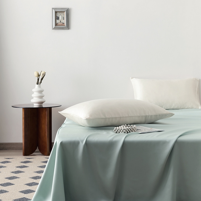 91家纺网 家纺一手货源 找家纺 浩情国际婚庆供货中心 2026新款60支奥地利兰精天丝纯色双拼系列四件套 天空蓝-浅艾绿