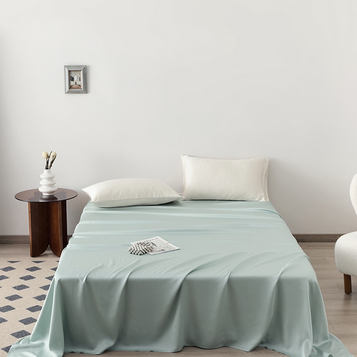 91家纺网 家纺一手货源 找家纺 浩情国际婚庆供货中心 2026新款60支奥地利兰精天丝纯色双拼系列四件套 天空蓝-浅艾绿