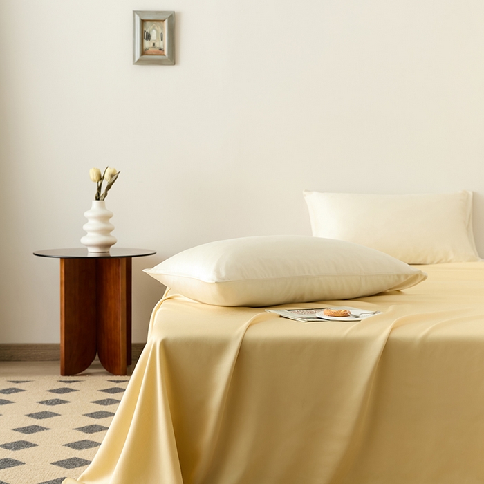 91家纺网 家纺一手货源 找家纺 浩情国际婚庆供货中心 2026新款60支奥地利兰精天丝纯色双拼系列四件套 浅艾绿-香槟金