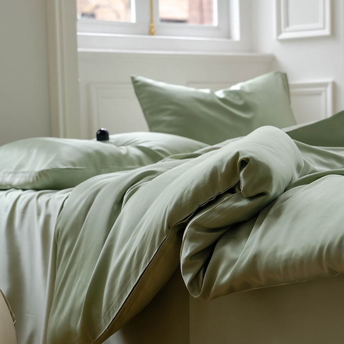 91家纺网 家纺一手货源 找家纺 浩情国际婚庆供货中心 2026新款60支奥地利兰精天丝纯色双拼系列四件套 香奈绿-嫩叶绿