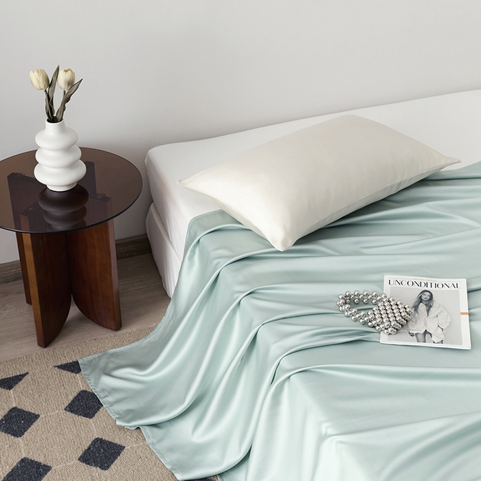 91家纺网 家纺一手货源 找家纺 浩情国际婚庆供货中心 2026新款60支奥地利兰精天丝纯色双拼系列四件套 天空蓝-浅艾绿