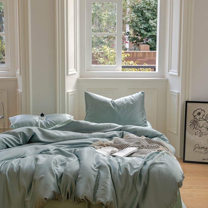 91家纺网 家纺一手货源 找家纺 浩情国际婚庆供货中心 2026新款60支奥地利兰精天丝纯色双拼系列四件套 天空蓝-浅艾绿