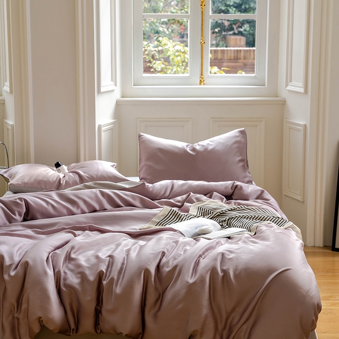 91家纺网 家纺一手货源 找家纺 浩情国际婚庆供货中心 2026新款60支奥地利兰精天丝纯色双拼系列四件套 满天星紫-曙光银