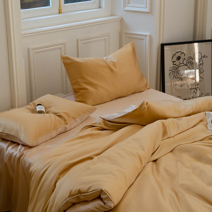 91家纺网 家纺一手货源 找家纺 浩情国际婚庆供货中心 2026新款60支奥地利兰精天丝纯色双拼系列四件套 芝士黄-沙茶色