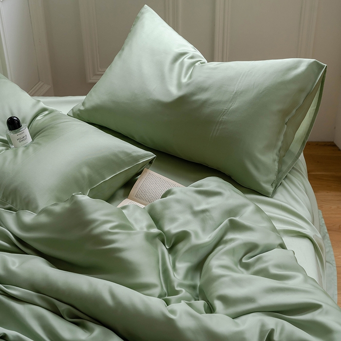 91家纺网 家纺一手货源 找家纺 浩情国际婚庆供货中心 2026新款60支奥地利兰精天丝纯色双拼系列四件套 香奈绿-嫩叶绿