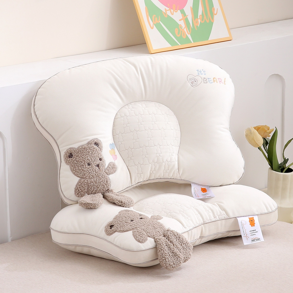 珍贝家纺 2025新款毛巾绣儿童护颈枕枕头枕芯 贴布绣小熊--灰