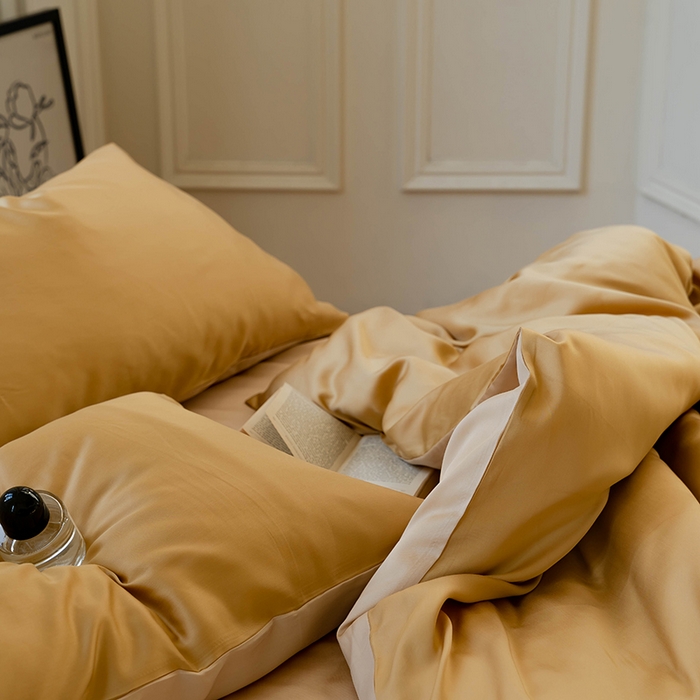 91家纺网 家纺一手货源 找家纺 浩情国际婚庆供货中心 2026新款60支奥地利兰精天丝纯色双拼系列四件套 芝士黄-沙茶色