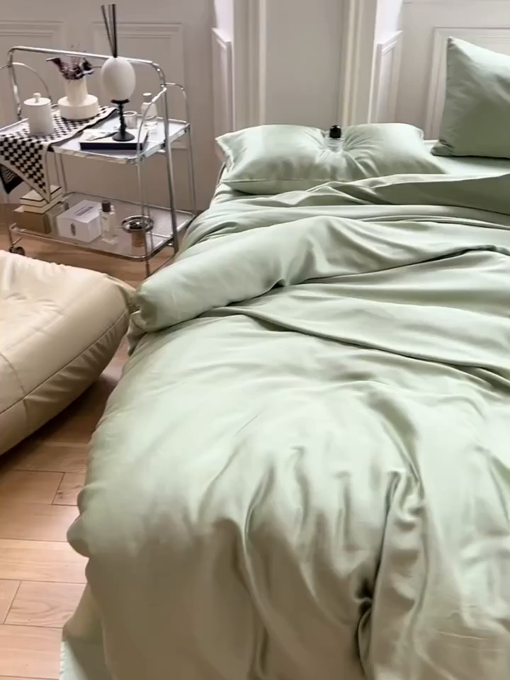 91家纺网 家纺一手货源 找家纺 浩情国际婚庆供货中心 2026新款60支奥地利兰精天丝纯色双拼系列四件套 香奈绿-嫩叶绿