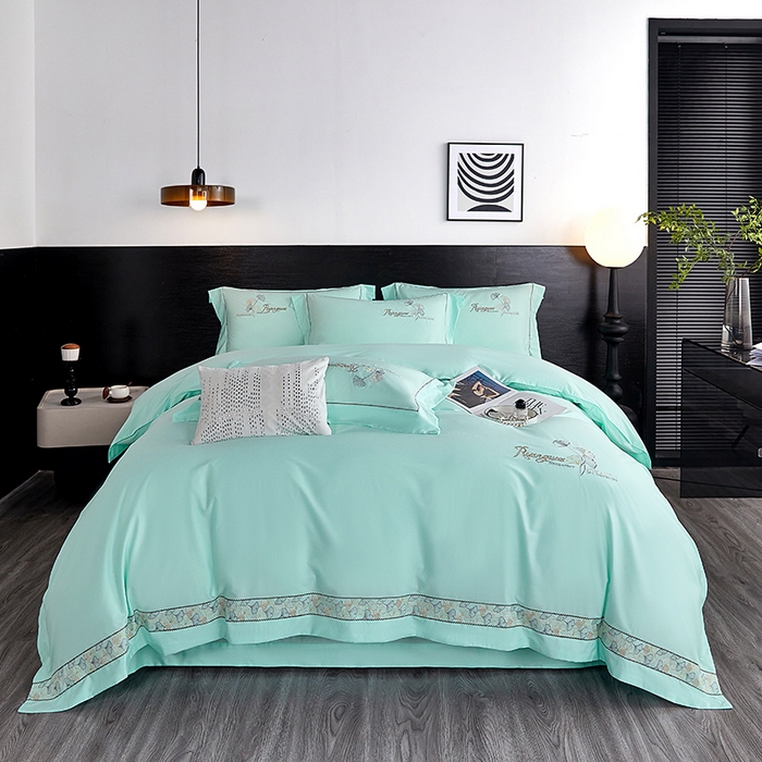 浩情国际婚庆供货中心 2026新款160S春夏天丝棉高端刺绣系列四件套 银之杏-湖水蓝