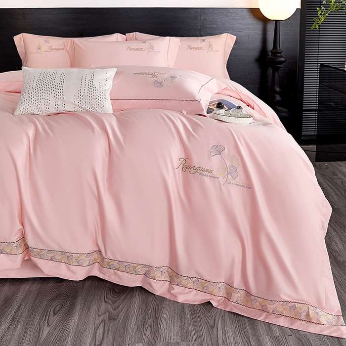 91家纺网 家纺一手货源 找家纺 浩情国际婚庆供货中心 2026新款160S春夏天丝棉高端刺绣系列四件套 银之杏-公主粉