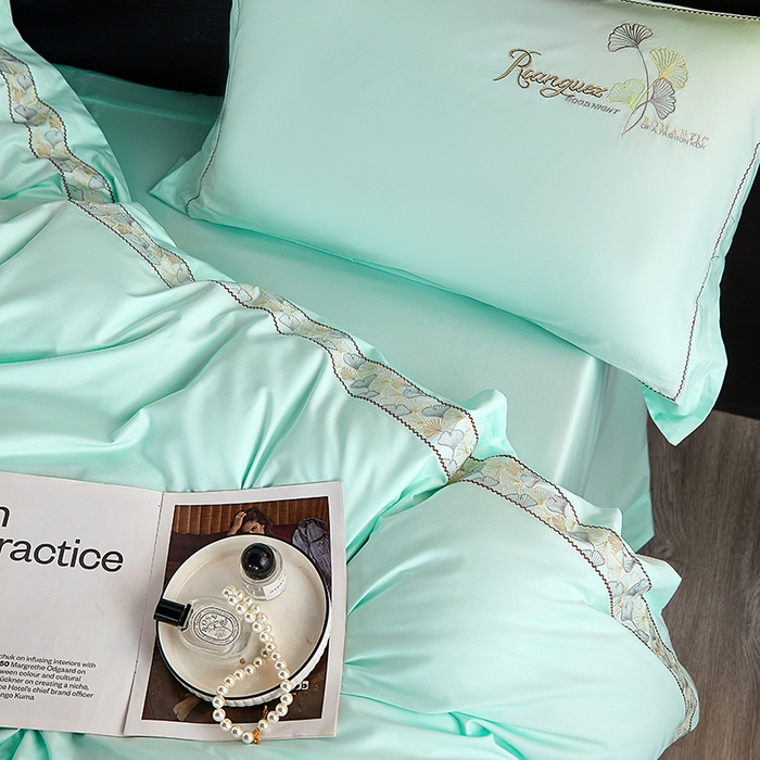 91家纺网 家纺一手货源 找家纺 浩情国际婚庆供货中心 2026新款160S春夏天丝棉高端刺绣系列四件套 银之杏-湖水蓝