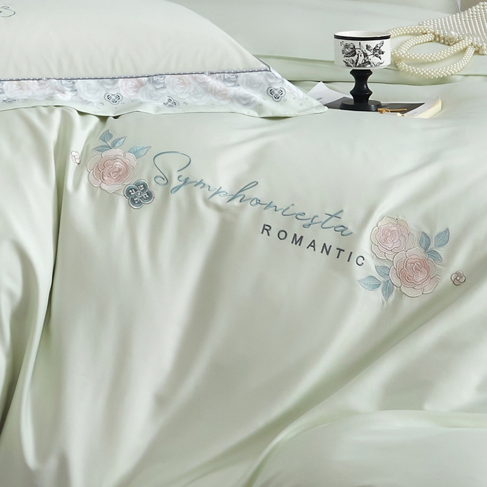 91家纺网 家纺一手货源 找家纺 浩情国际婚庆供货中心 2026新款160S春夏天丝棉高端刺绣系列四件套 玫瑰花香-清新绿